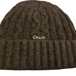 Coach Dark Brown Cable Knit Beanie Hat Ribbed Cuff Logo Winter Cap
